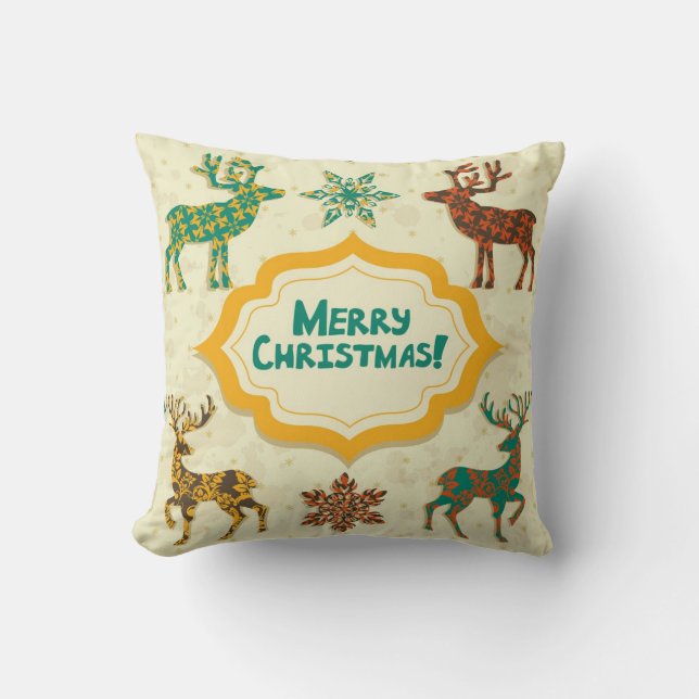 Farbenfrohe Retro Rain-Deer Frohe Weihnachten Kissen (Vorderseite)
