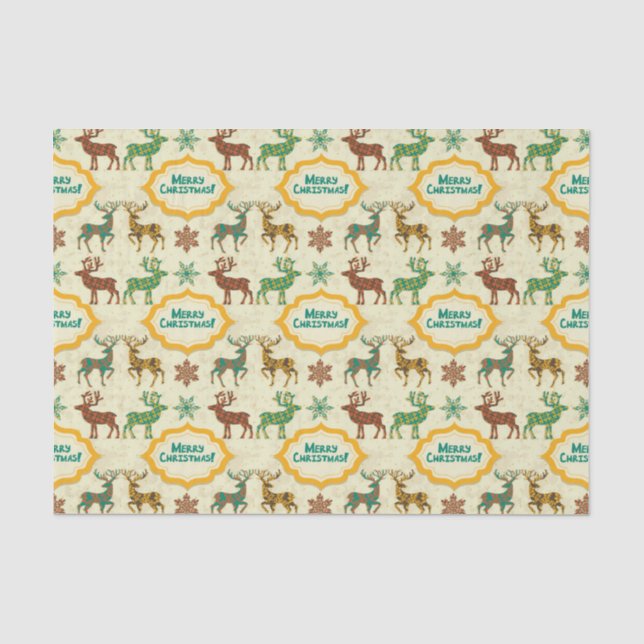 Farbenfrohe Retro Rain-Deer Frohe Weihnachten Seidenpapier (Vorderseite)