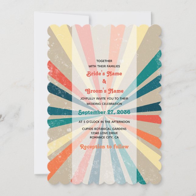 Farbenfrohe Retro-Rainbow-Sonnenbrust-Hochzeit Einladung (Vorderseite)
