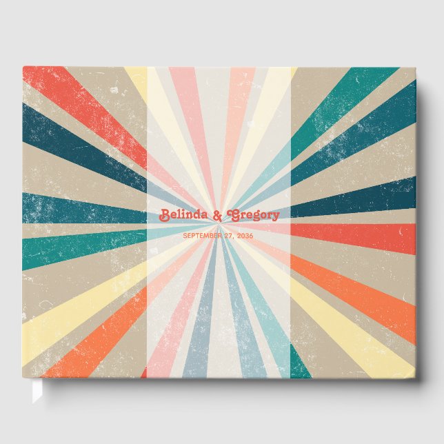 Farbenfrohe Retro-Rainbow-Sonnenbrust-Hochzeit Gästebuch (Vorderseite)