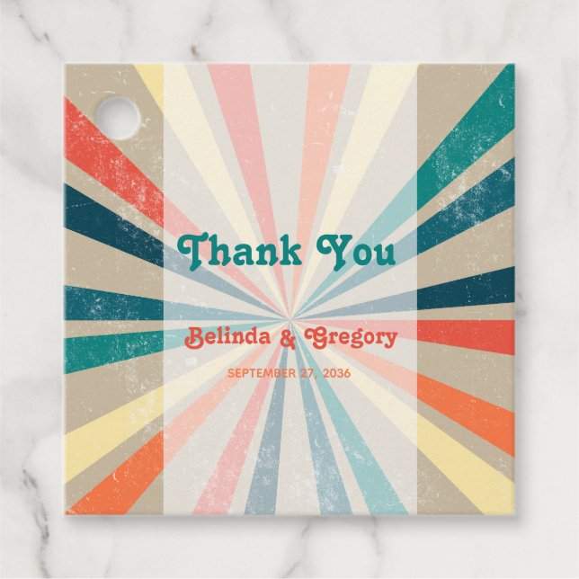 Farbenfrohe Retro-Rainbow-Sonnenbrust-Hochzeit Geschenkanhänger (Vorderseite)