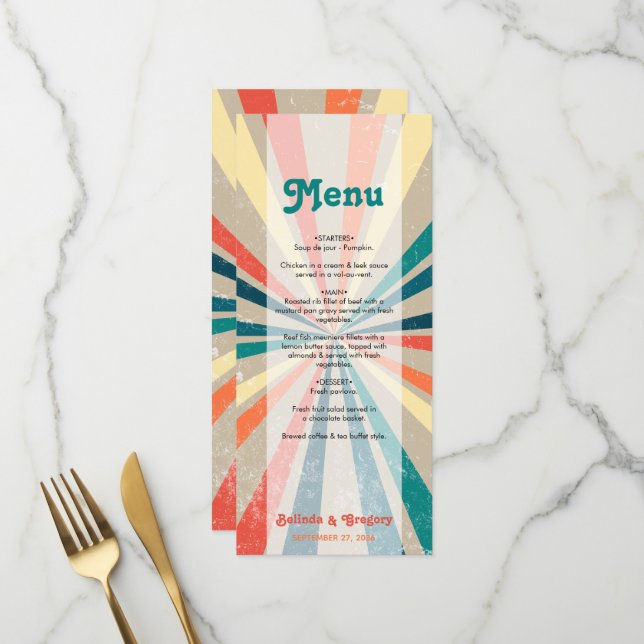 Farbenfrohe Retro-Rainbow-Sonnenbrust-Hochzeit Menükarte (Vorderseite/Rückseite Beispiel)