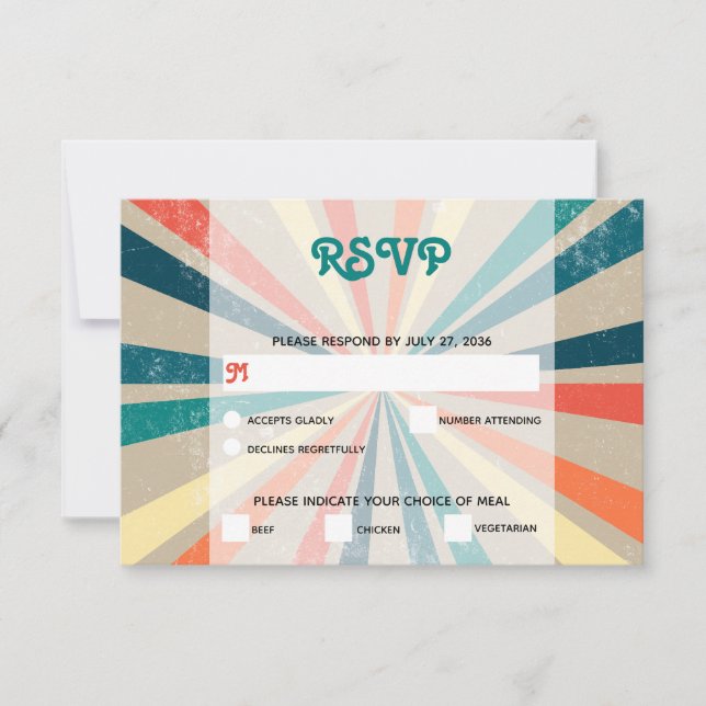 Farbenfrohe Retro-Rainbow-Sonnenbrust-Hochzeit RSVP Karte (Vorderseite)