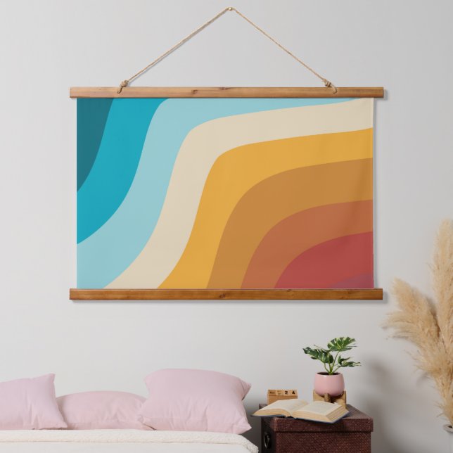 Farbenfrohe Retro-Regenbogen-Abstrakte Wellen Wandteppich Mit Holzrahmen (Schlafzimmer)
