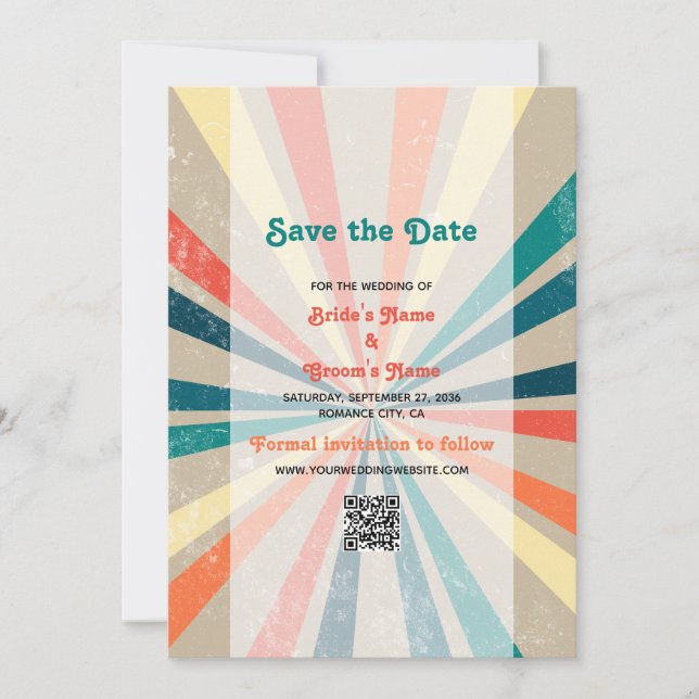 Farbenfrohe Retro-Regenbogen-Sonnenbrille-QR-Code  Save The Date (Vorderseite)