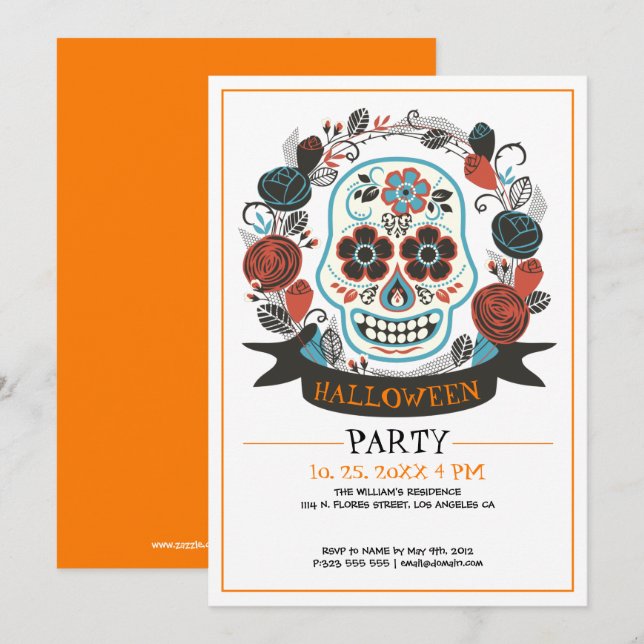 Farbenfrohe Retro-Schädel Halloween-Party Einladun Einladung (Vorne/Hinten)