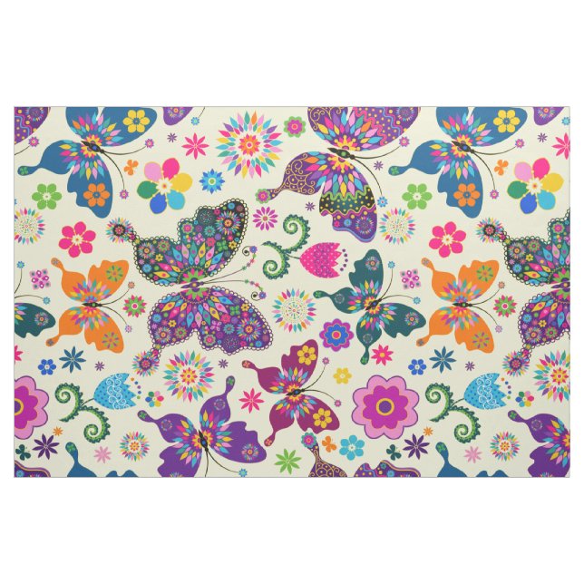 Farbenfrohe Retro-Schmetterlinge & Blume Muster Stoff (Yard (91,4 cm))