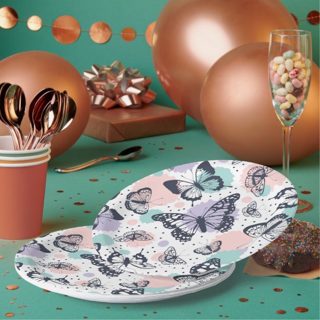 Farbenfrohe Retro-Schmetterlinge Muster. Pappteller (Multi)
