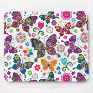 Farbenfrohe Retro-Schmetterlinge und Blume-Muster Mousepad