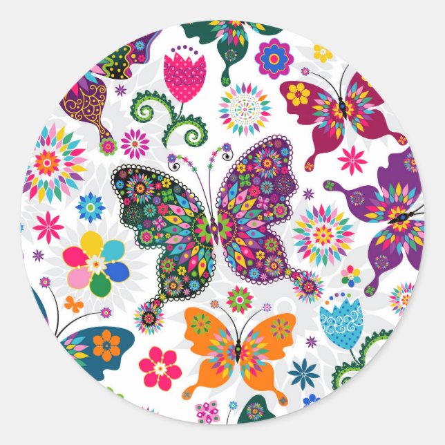 Farbenfrohe Retro-Schmetterlinge und Blume-Muster Runder Aufkleber (Vorderseite)