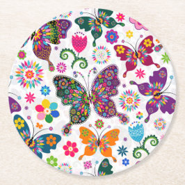 Farbenfrohe Retro-Schmetterlinge und Blume-Muster Runder Pappuntersetzer
