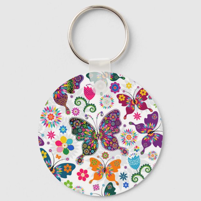 Farbenfrohe Retro-Schmetterlinge und Blume-Muster Schlüsselanhänger (Vorderseite)