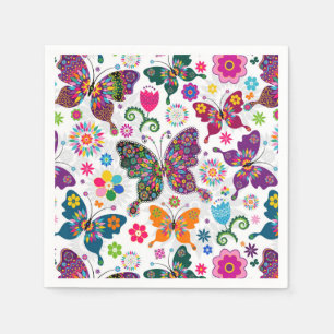 Farbenfrohe Retro-Schmetterlinge und Blume Muster  Serviette
