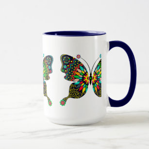 Farbenfrohe Retro-Schmetterlinge und Blume-Muster Tasse