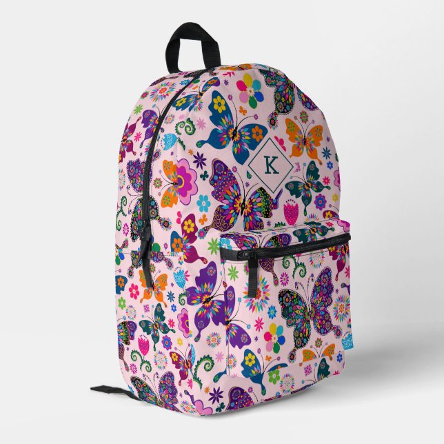 Farbenfrohe Retro-Schmetterlingsmuster auf rosa Bedruckter Rucksack (Rückseitige Ecke links)