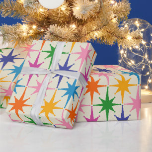 Farbenfrohe Retro-Sternexplosionen Mitte Jahrhunde Geschenkpapier