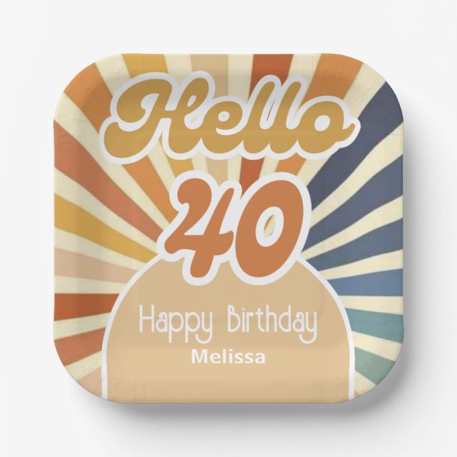 Farbenfrohe Retro Sun Groovy Wave Hallo 40. Geburt Pappteller (Vorderseite)
