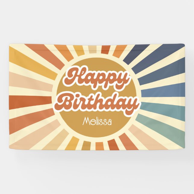 Farbenfrohe Retro Sun Groovy Wave Happy Birthday Banner (Horizontal)