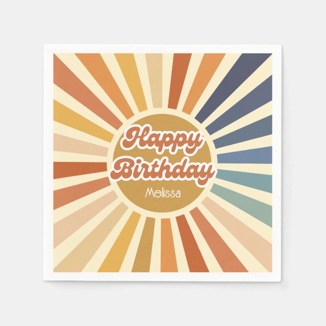 Farbenfrohe Retro Sun Groovy Wave Happy Birthday Serviette (Vorderseite)