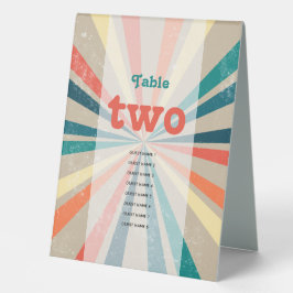 Farbenfrohe Retro Sunburst Wedding Tischnummer Tischaufsteller