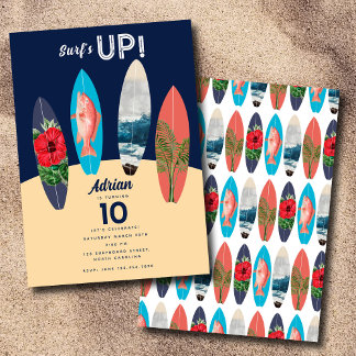 Farbenfrohe Retro-Surfboards surfen auf der Geburt Einladung