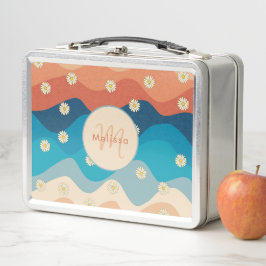 Farbenfrohe Retro Waves & Daisis Muster Monogramm Metall Brotdose