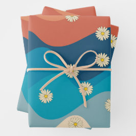 Farbenfrohe Retro Waves & Daisises Muster Geschenkpapier Set
