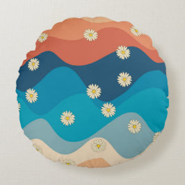 Farbenfrohe Retro Waves & Daisises Muster Rundes Kissen