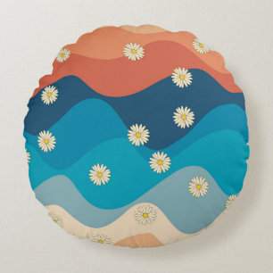 Farbenfrohe Retro Waves & Daisises Muster Rundes Kissen
