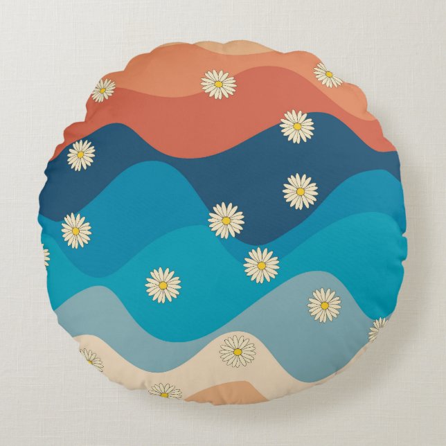 Farbenfrohe Retro Waves & Daisises Muster Rundes Kissen (Vorderseite)