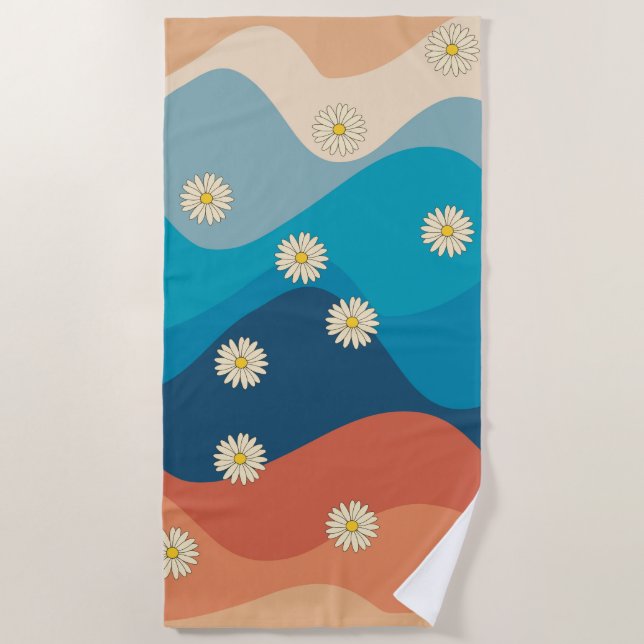 Farbenfrohe Retro Waves & Daisises Muster Strandtuch (Vorderseite)