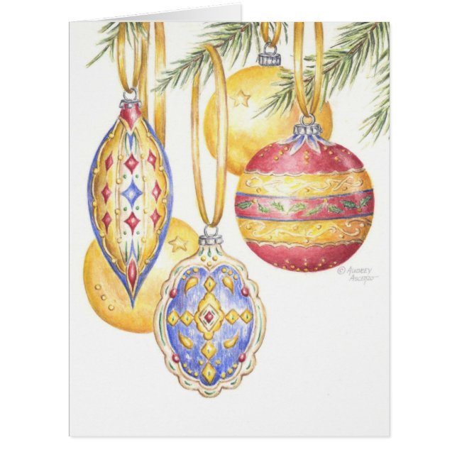 Farbenfrohe Retro Weihnachtsschmuck Grußkarte (Vorderseite)