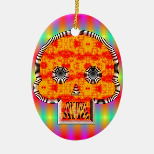 Farbenfrohe Robot Skull auf Regenbogenuntergrund Keramik Ornament (Vorne)