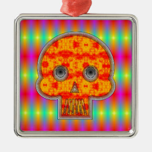 Farbenfrohe Robot Skull auf Regenbogenuntergrund Silbernes Ornament