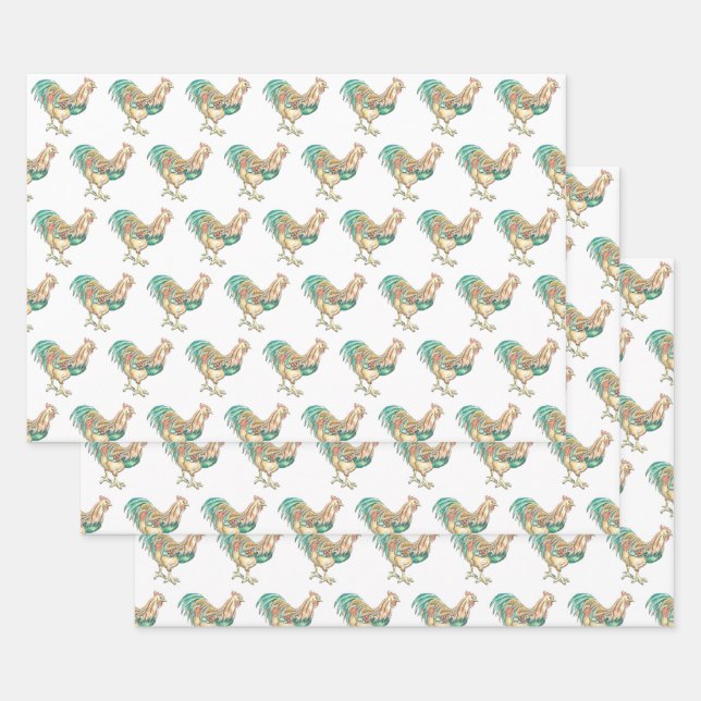 Farbenfrohe Rooster Geschenkpapier Set (Set)