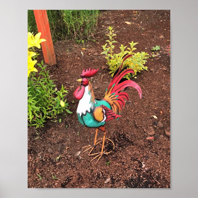 Farbenfrohe Rooster im Garten Poster (Vorne)