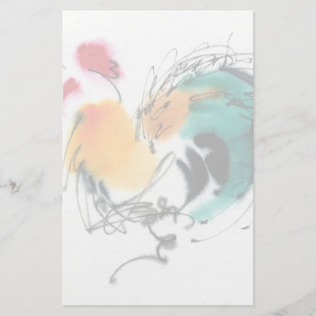 Farbenfrohe Rooster. Kalligraphie und Aquarell. Briefpapier (Vorderseite)