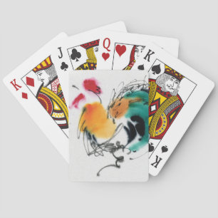 Farbenfrohe Rooster. Kalligraphie und Aquarellfarb Spielkarten