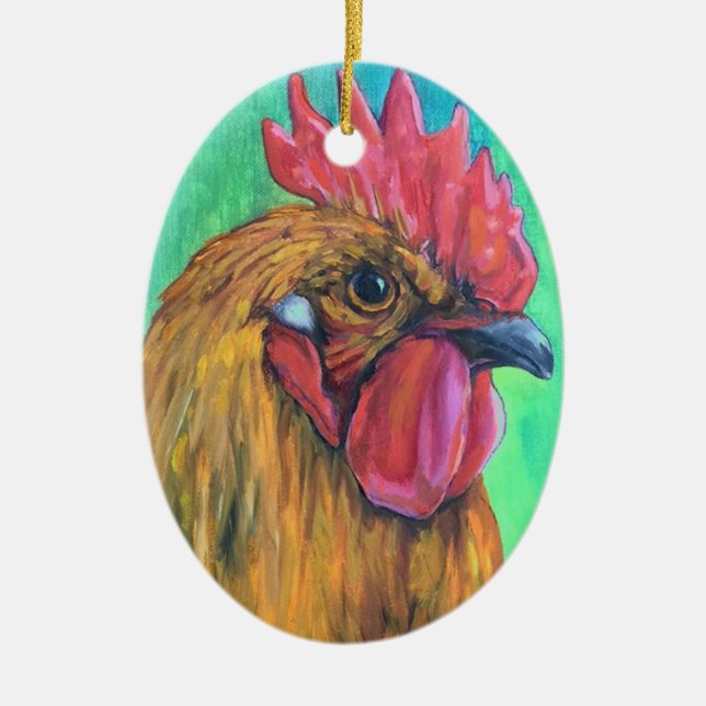 Farbenfrohe Rooster Keramik Ornament (Vorne)