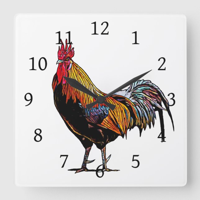 Farbenfrohe Rooster Quadratische Wanduhr (Vorderseite)