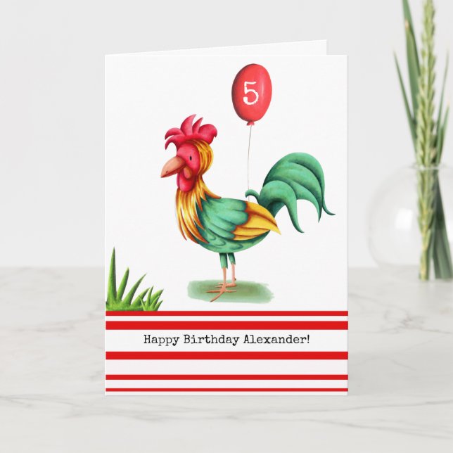 Farbenfrohe Rooster und Ballon Personalisierter Ge Karte (Vorderseite)