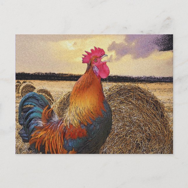 Farbenfrohe Rooster und Hay Bale Postkarte (Vorderseite)