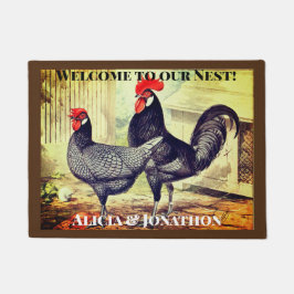 Farbenfrohe Rooster und Hen Willkommen in unserem  Fußmatte
