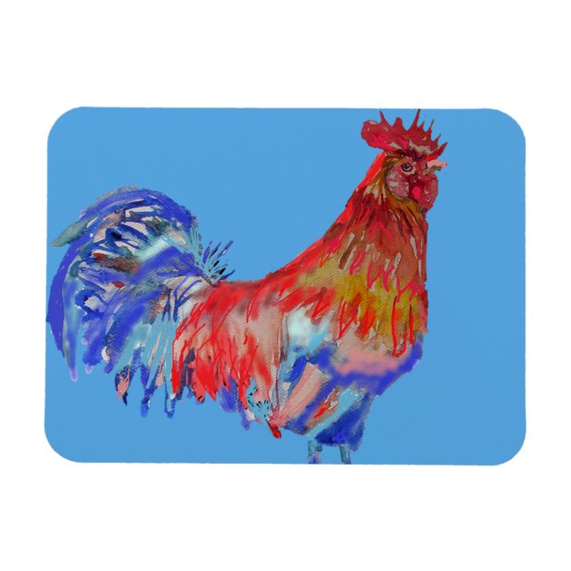 Farbenfrohe Roostermalerei Blauer Kühlschrankmagne Magnet (Horizontal)