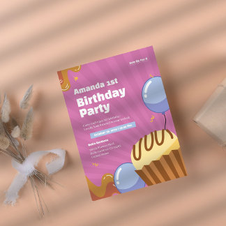 Farbenfrohe Rosa 1. Geburtstag Einladung