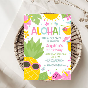 Farbenfrohe rosa Ananas Aloha Geburtstag Einladung