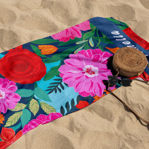 Farbenfrohe rosa Blumenbeete Personalisierte Ferie Strandtuch