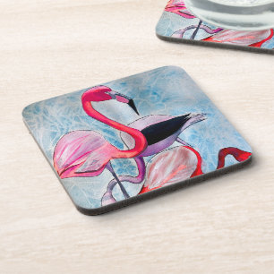 Farbenfrohe rosa Flamingo Aquarellkunst Getränkeuntersetzer