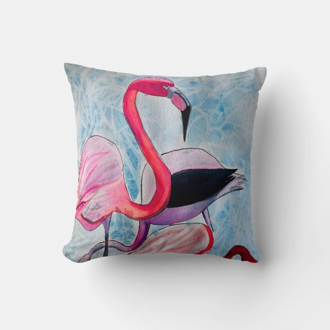 Farbenfrohe rosa Flamingo Aquarellkunst Kissen (Vorderseite)