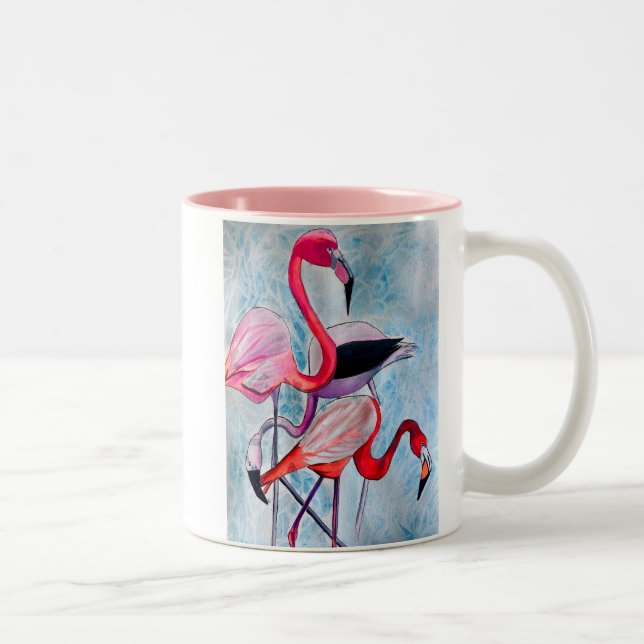 Farbenfrohe rosa Flamingo Aquarellkunst Zweifarbige Tasse (Rechts)